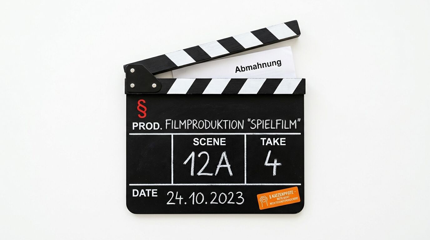 Eine Filmklappe mit der Aufschrift „Abmahnung“ auf einem weißen Hintergrund