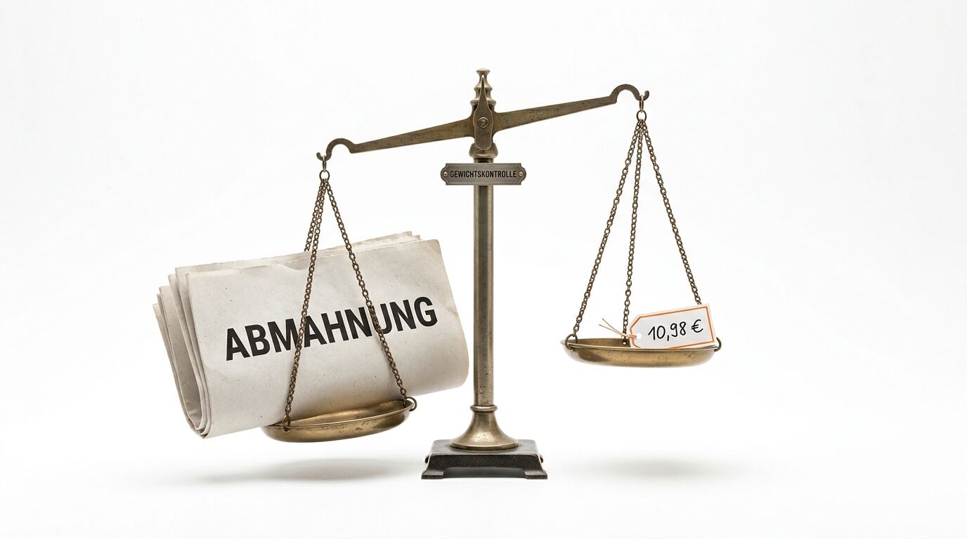 Eine Waage: Eine Schale mit „ABMAHNUNG“, die andere mit einem Preisschild von „10,98 €“