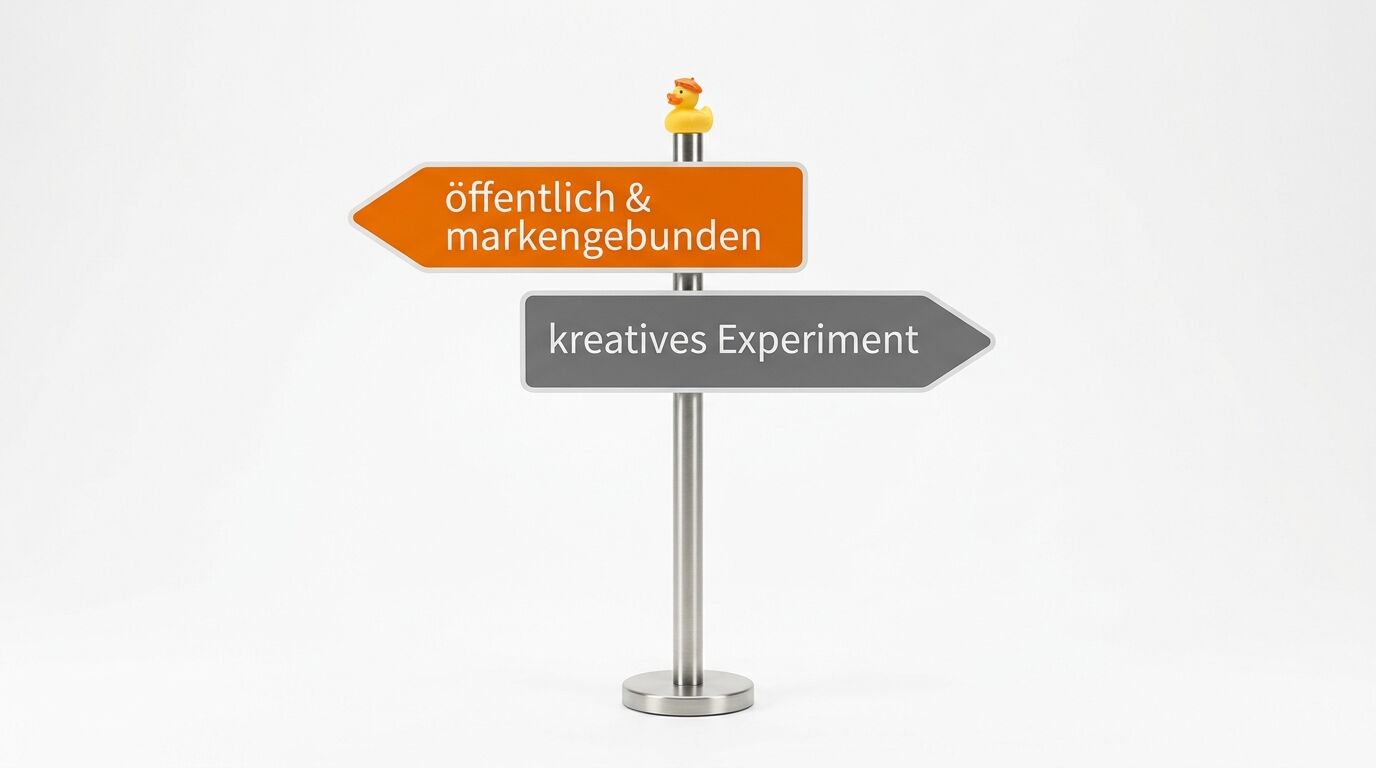 Wegweiser mit Entchen: links orange „öffentlich...“, rechts grau „kreatives Experiment“