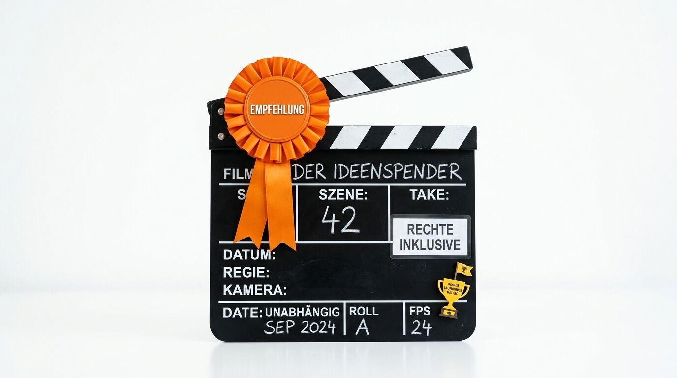 Eine Filmklappe mit der Aufschrift „DER IDEENSPENDER“ und einer orangefarbenen Rosette