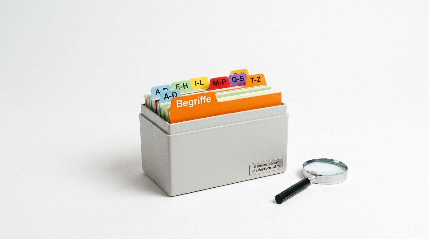 Graue Karteibox mit farbigen Registerkarten und Lupe auf weißem Grund