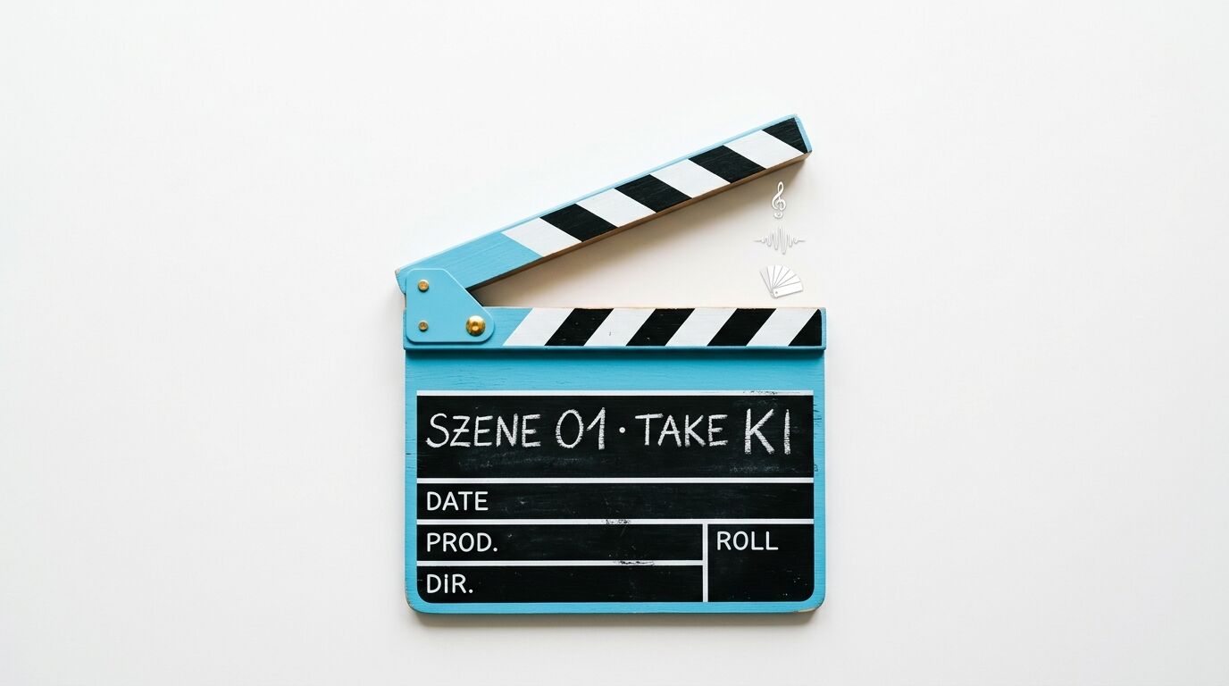 Blaue Filmklappe mit handgeschriebenem Text