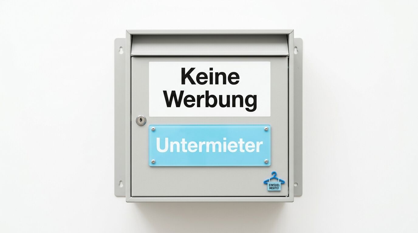 Grauer Briefkasten mit den Aufschriften „Keine Werbung“ und „Untermieter“ vor weißer Wand