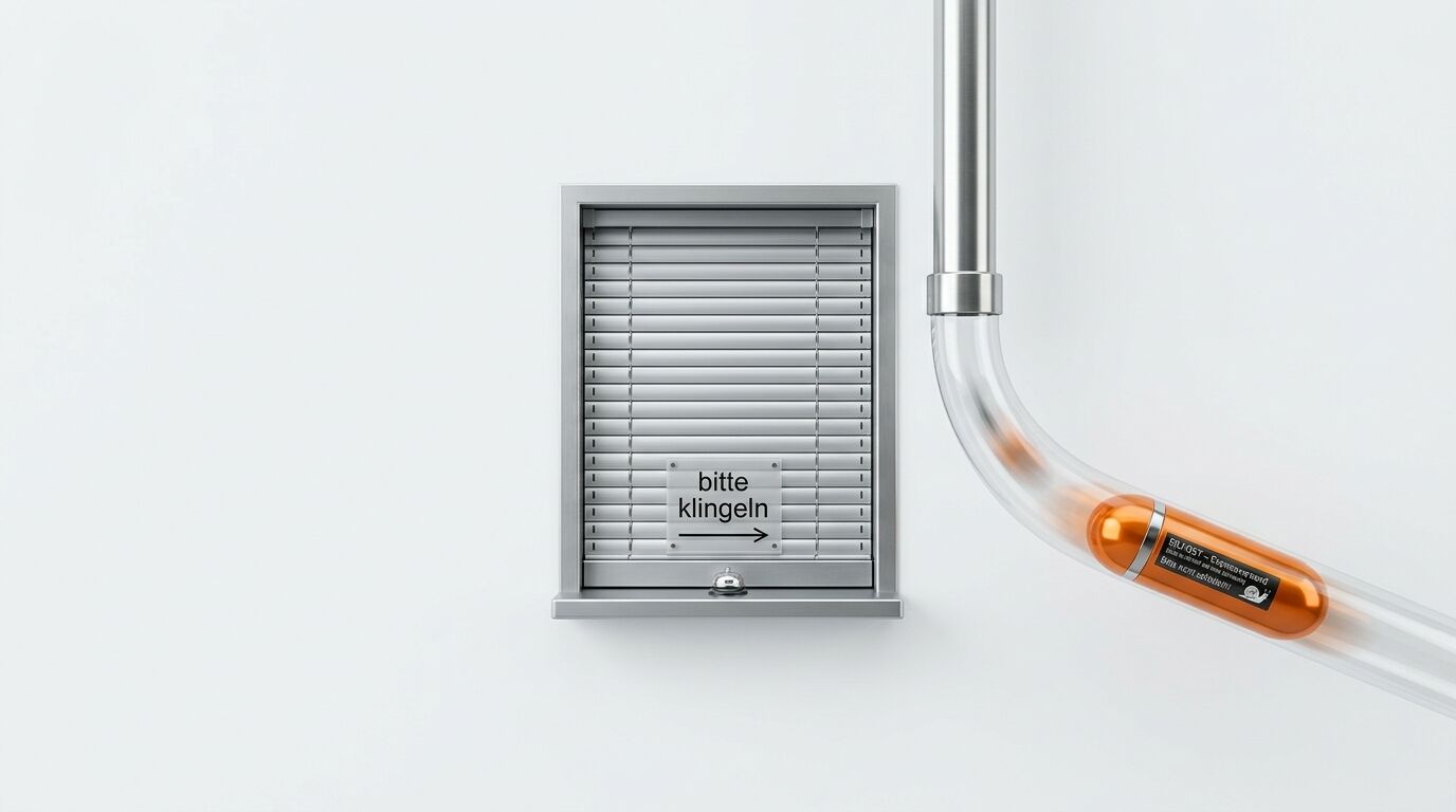 Rohrpostsystem mit Kapsel in durchsichtigem Rohr neben Schiebefenster mit Schild 