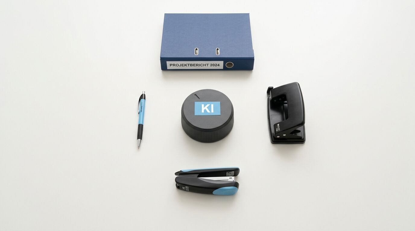 Büromaterial um runden Gegenstand mit Aufschrift „KI“ angeordnet