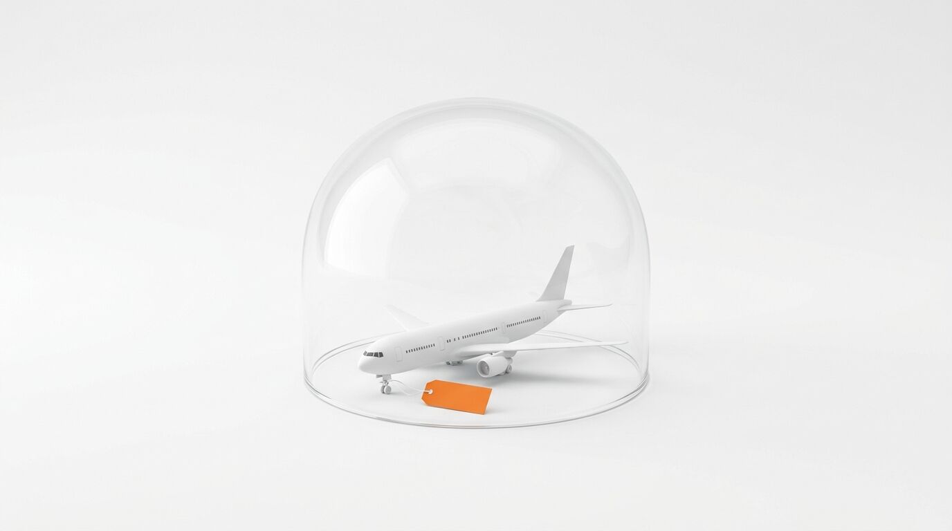 Ein weißes Modellflugzeug unter einer Glaskuppel auf weißem Grund mit einem orangenen Anhänger