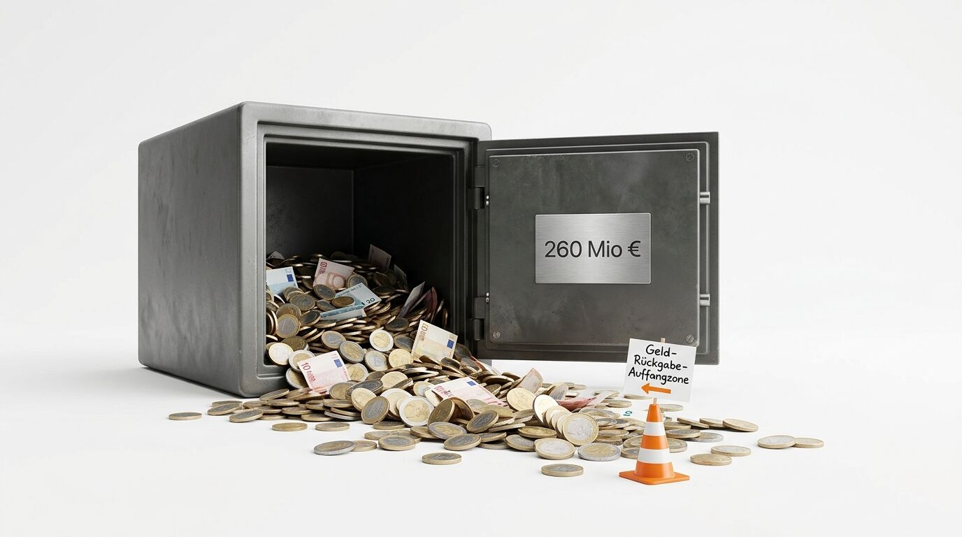 Geöffneter Tresor, aus dem Geld quillt, mit Schild und Verkehrsleitkegel