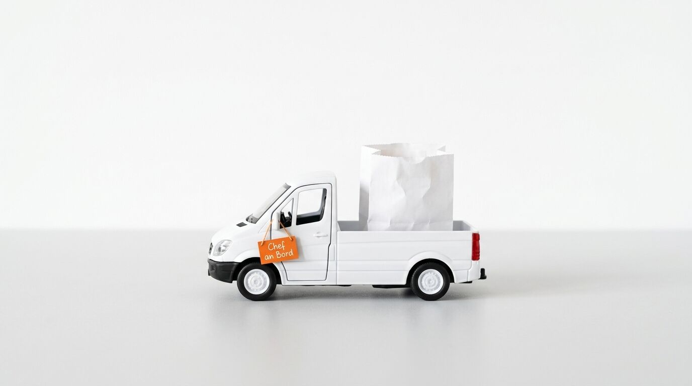 Spielzeug-Lkw mit Papiertüte und Schild „Chef an Bord“ vor weißem Hintergrund