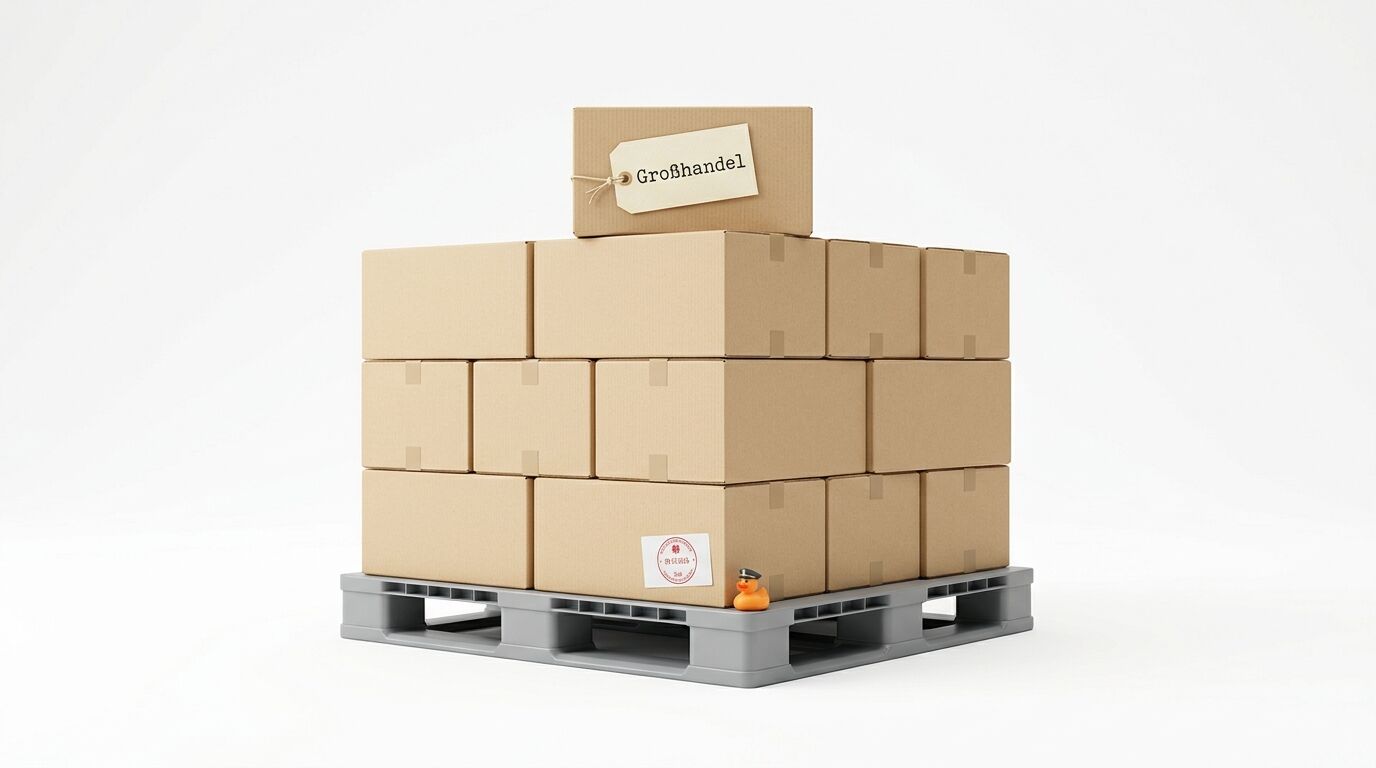 Palette mit Kartons; oberster mit „Großhandel“-Schild, kleiner Entenfigur unten