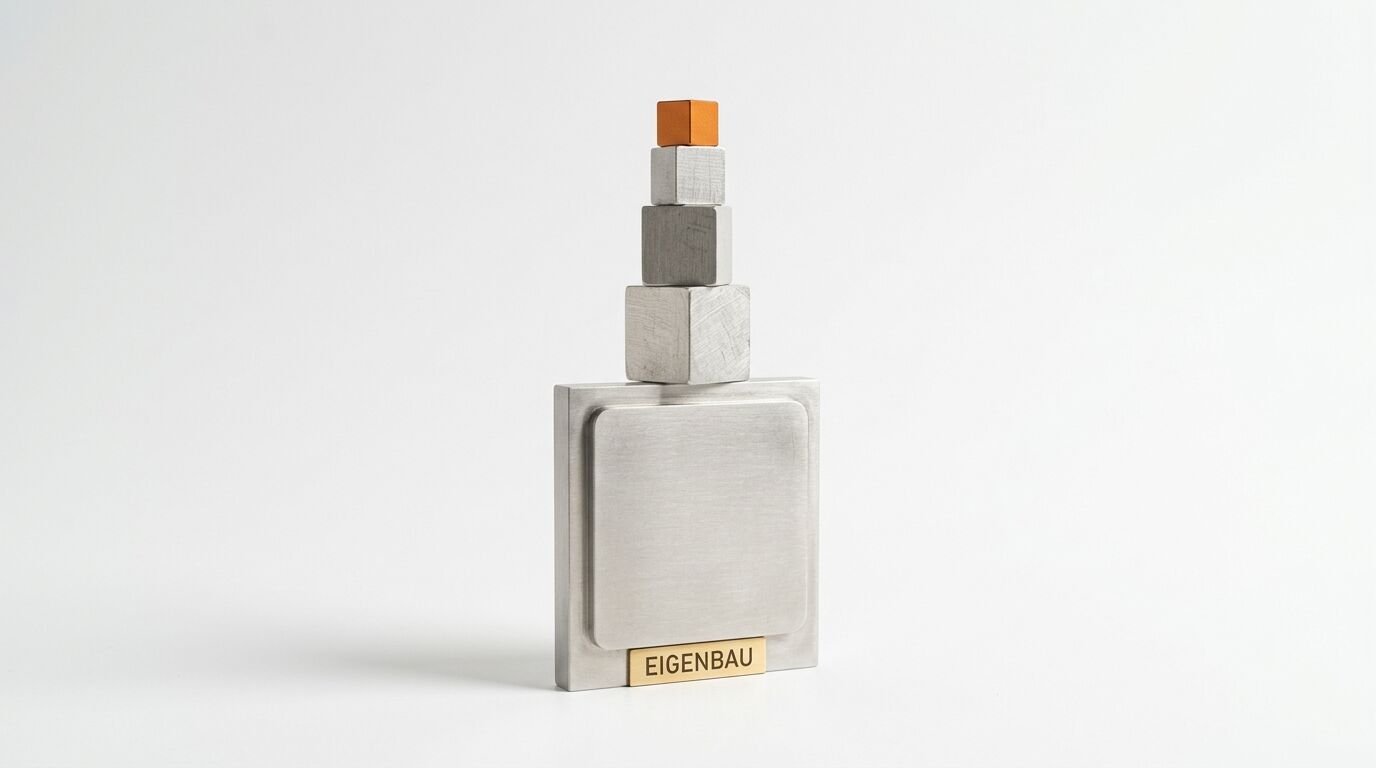 Silberne Metallskulptur mit Stapel aus Würfeln, oberster Würfel orange, Sockel mit Plakette