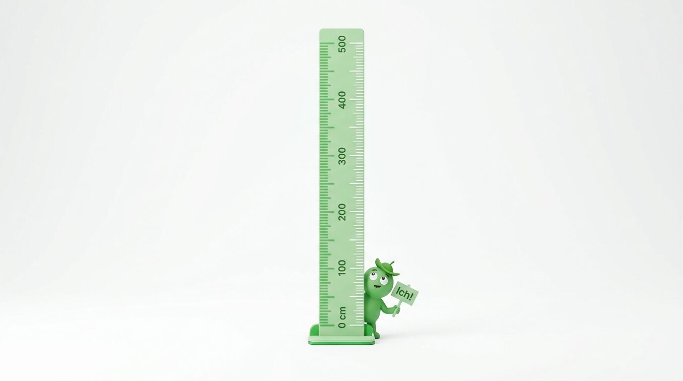 Grünes Lineal und Comic-Figur mit Schild