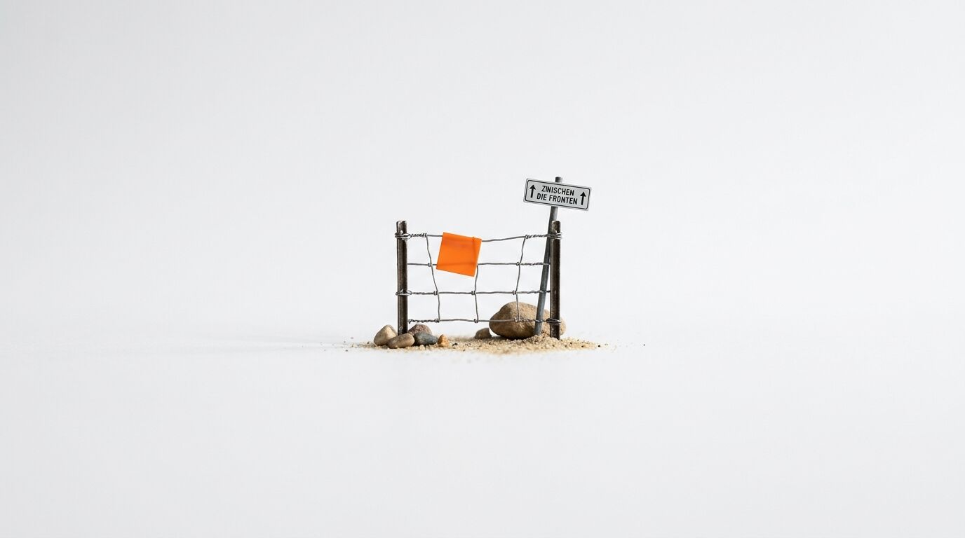 Miniaturzaun auf Kies, oranges Tuch, Schild „ZWISCHEN DIE FRONTEN“, weißer Hintergrund