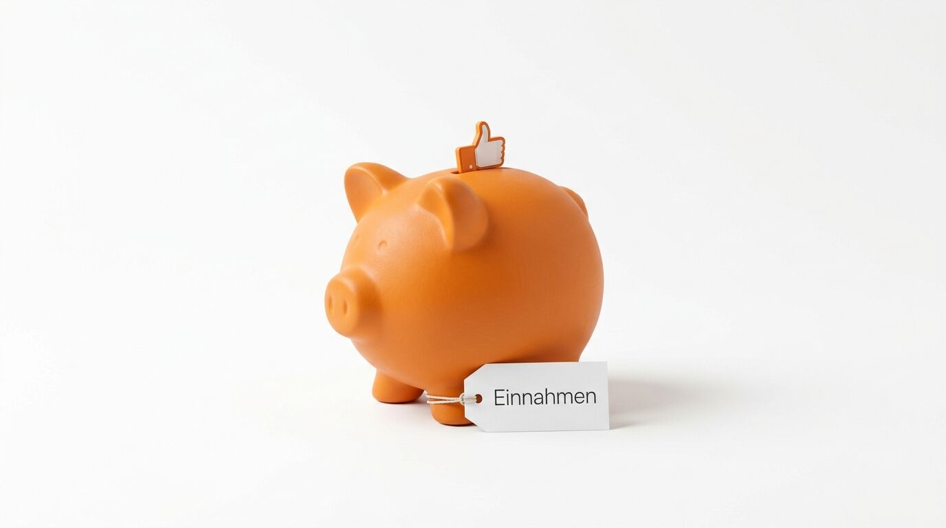 Oranges Sparschwein mit „Gefällt mir“-Daumen und „Einnahmen“-Schild auf Weiß