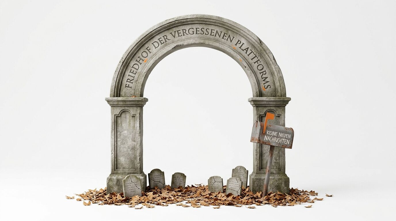 Torso-Bogen mit „FRIEDHOF DER VERGESSENEN PLATTFORMS“, Grabsteinen, Blättern und Briefkasten