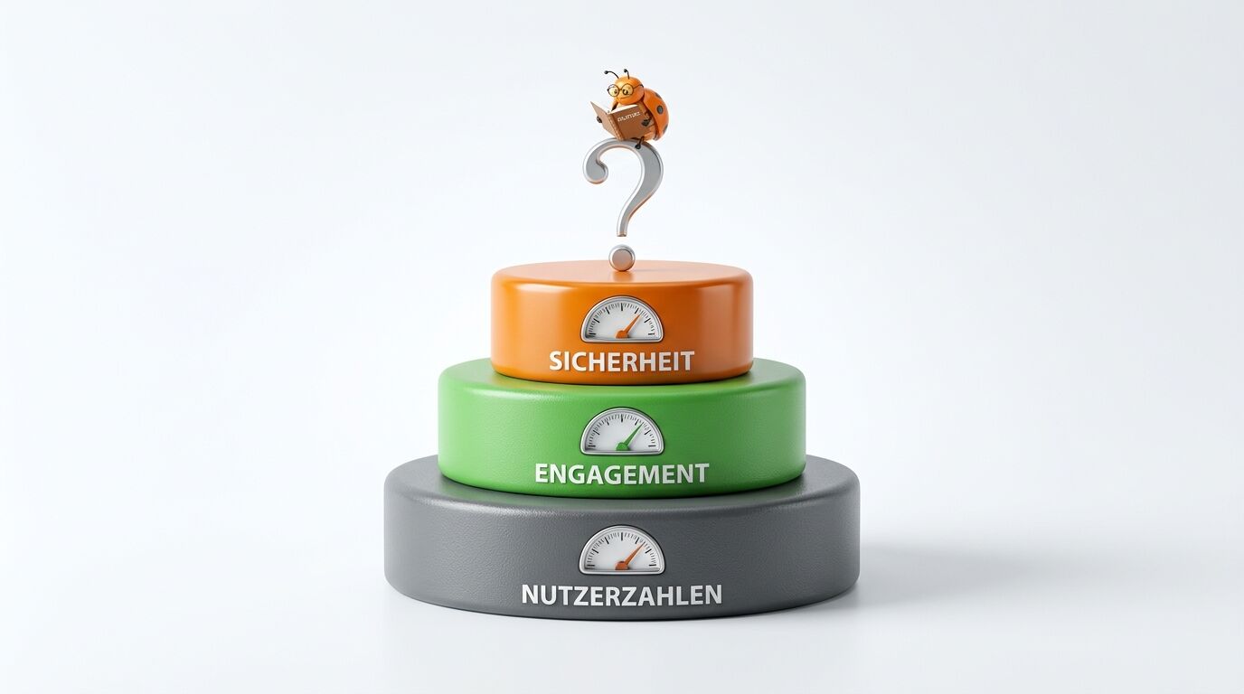 3D-Pyramide mit Anzeigen für Nutzerzahlen, Engagement, Sicherheit; Fragezeichen und Käfer oben