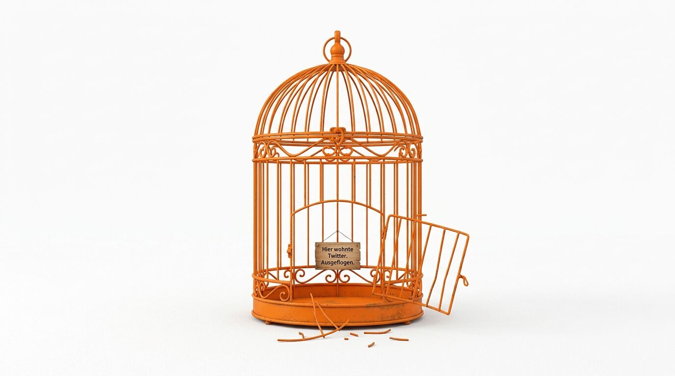 Oranger, offener Vogelkäfig mit Schild: