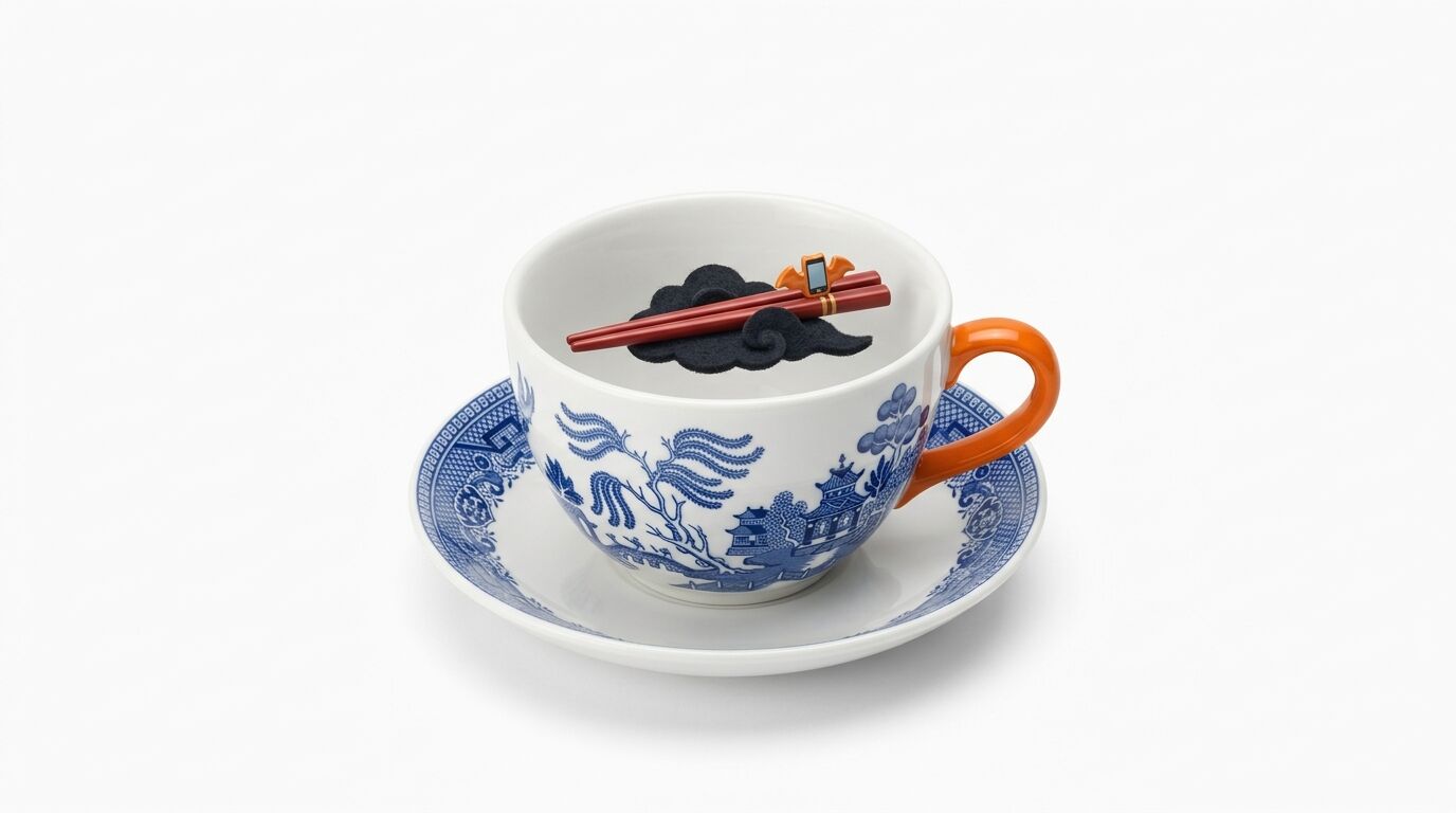 Tasse mit blauer Szenerie, orangefarbenem Griff, darin Stäbchen auf schwarzer Wolke
