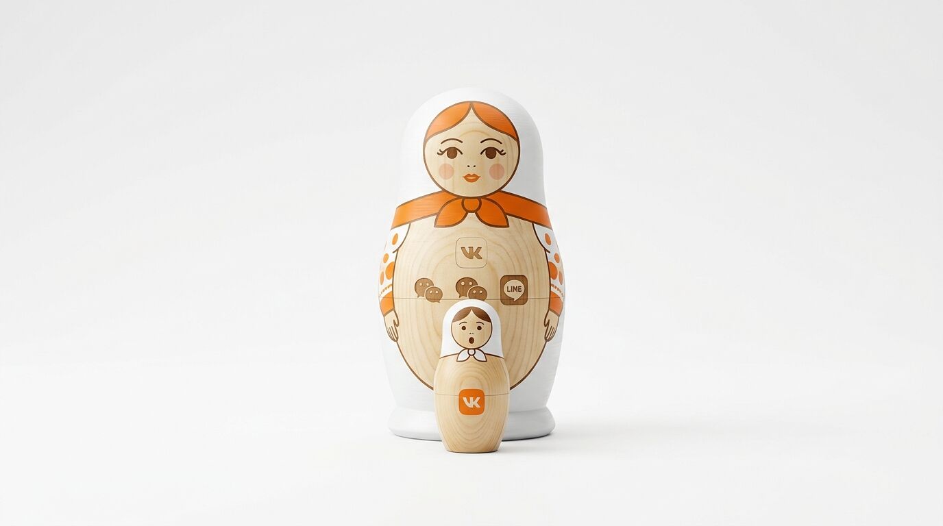Zwei Matrjoschka-Puppen aus Holz mit aufgedruckten App-Logos stehen vor weißem Hintergrund
