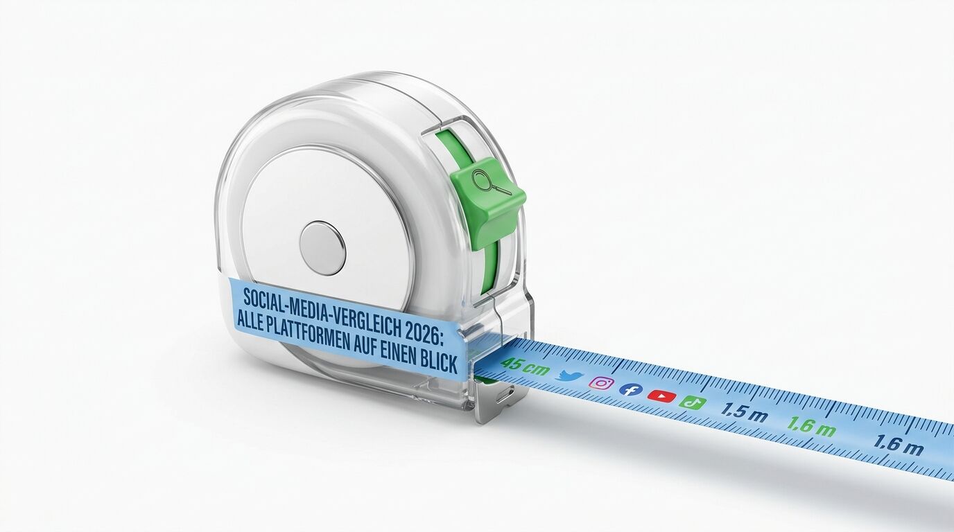 Rollbandmaß mit Text und Social-Media-Logos auf dem ausgerollten blauen Band