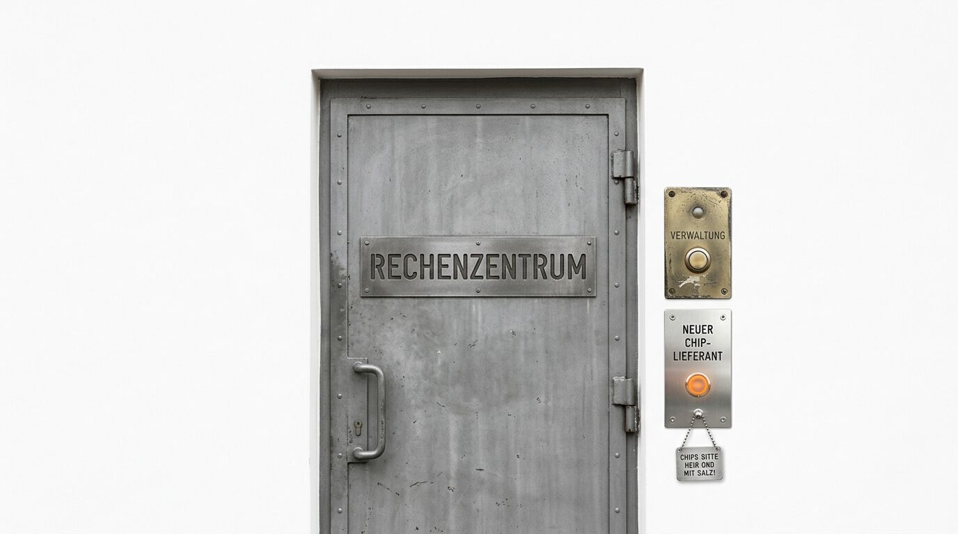 Stahltür „RECHENZENTRUM“ mit Sprechanlage „VERWALTUNG“ und Chip-Leser „NEUER CHIP-LIEFERANT“