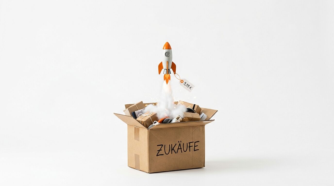 Spielzeugrakete mit Preisschild startet aus einem Karton mit der Aufschrift Zukäufe