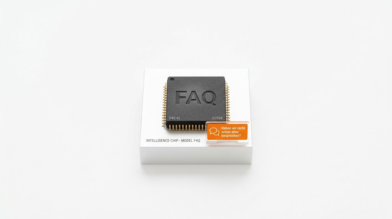 Mikrochip mit Aufschrift „FAQ“ auf weißem Sockel, daneben ein orangefarbenes Informationsschild