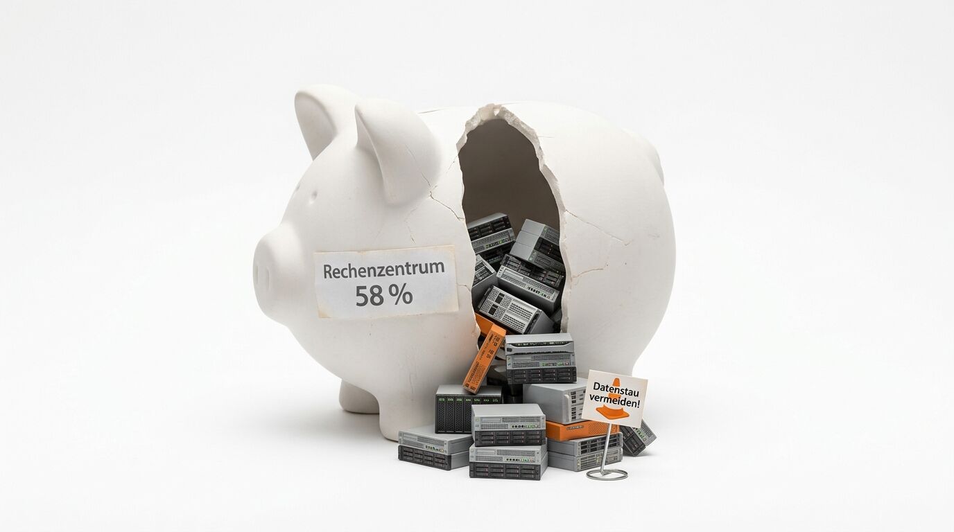 Defektes Sparschwein, gefüllt mit Serverschränken, und Text: „Rechenzentrum 58 %“