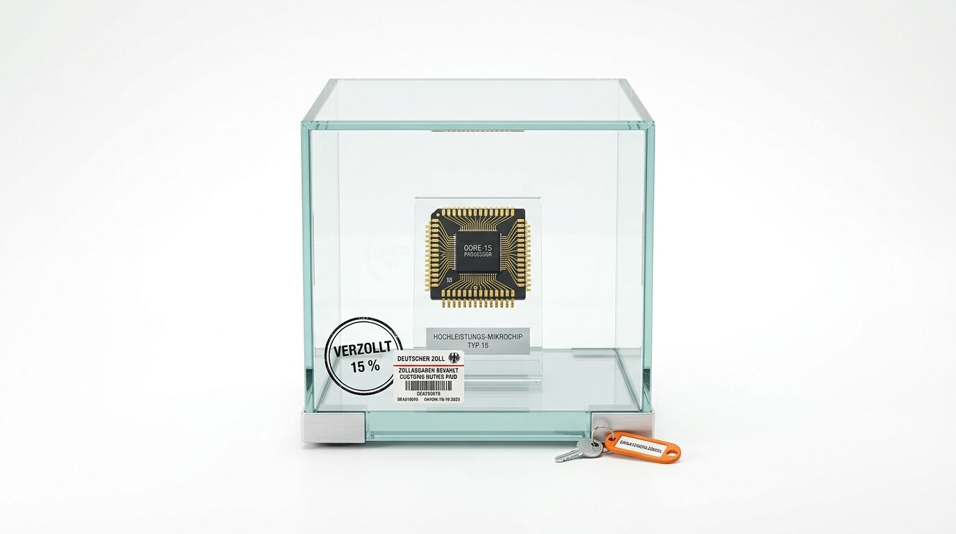 Mikrochip in Vitrine, verzollt, mit Zoll-Etikett und Schlüsseln vor weißem Hintergrund
