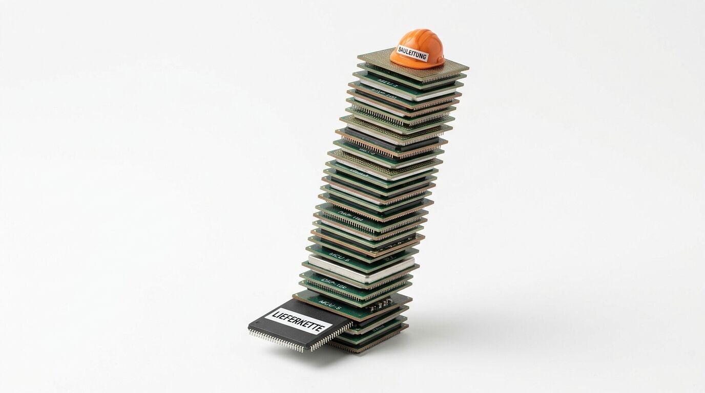 Instabiler Turm aus Computerprozessoren mit Schutzhelm und „Lieferkette“-Etikett vor weißem Hintergrund