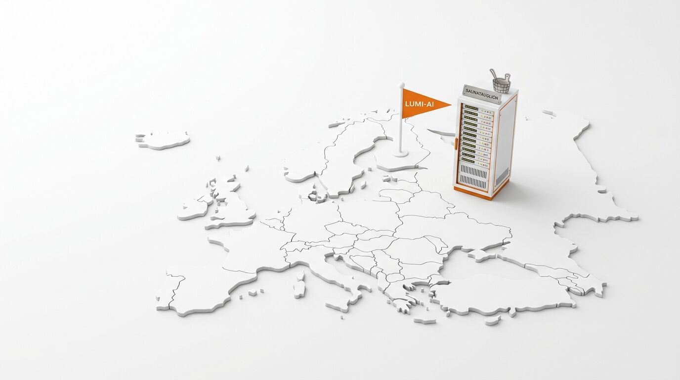 Eine 3D-Karte Europas zeigt eine „LUMI-AI“ Flagge und eine Serverecke