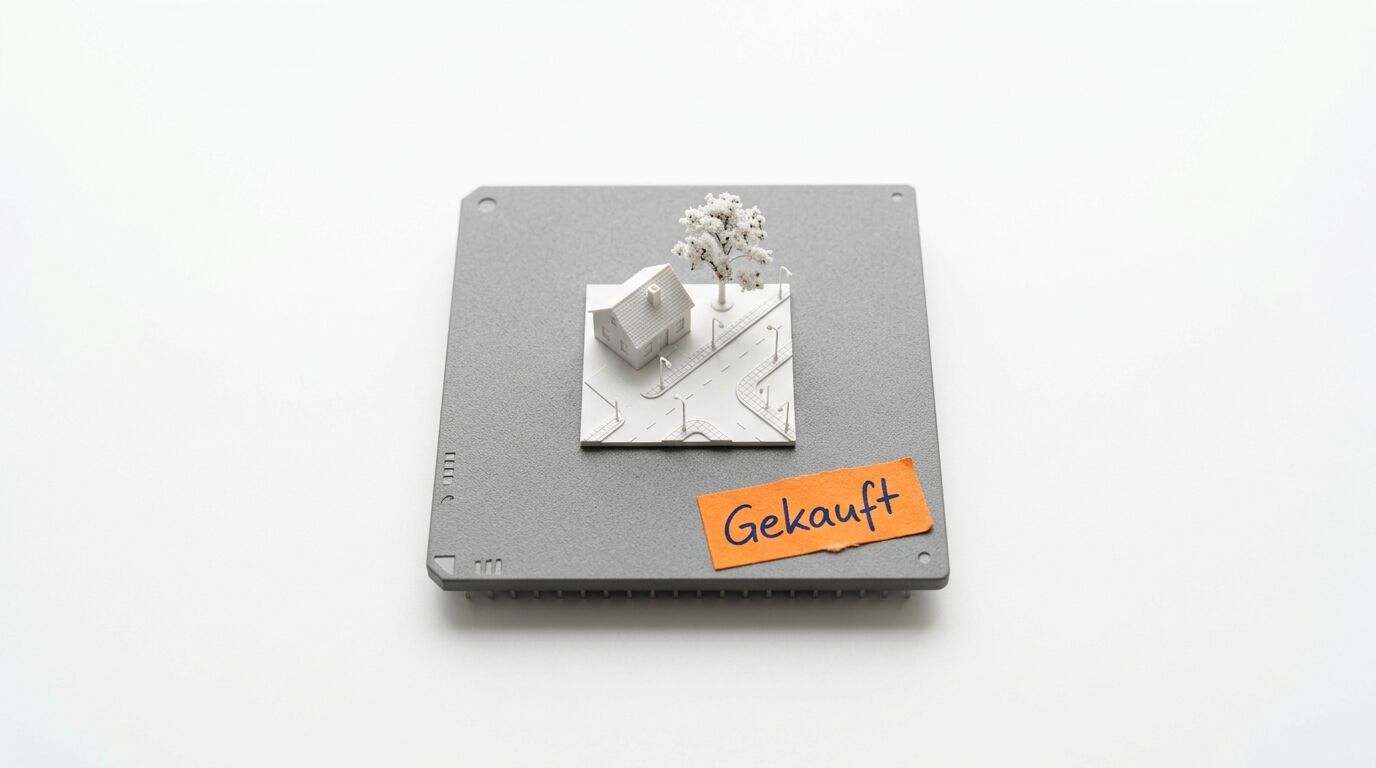 Modell eines Hauses auf einem grauen Server mit der Aufschrift „Gekauft“