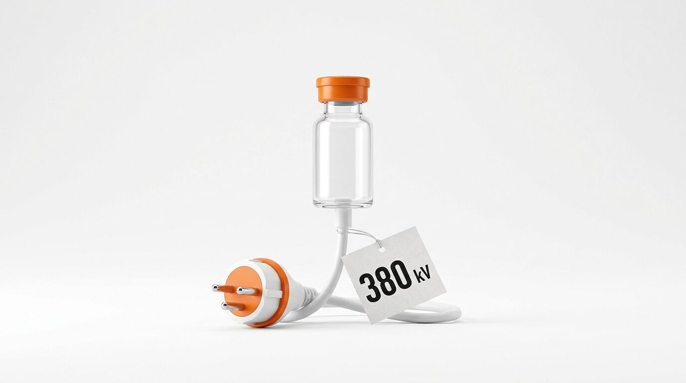 Stecker mit Ampulle, verbunden durch ein Kabel, an dem ein Schild mit der Aufschrift „380 kV“ hängt