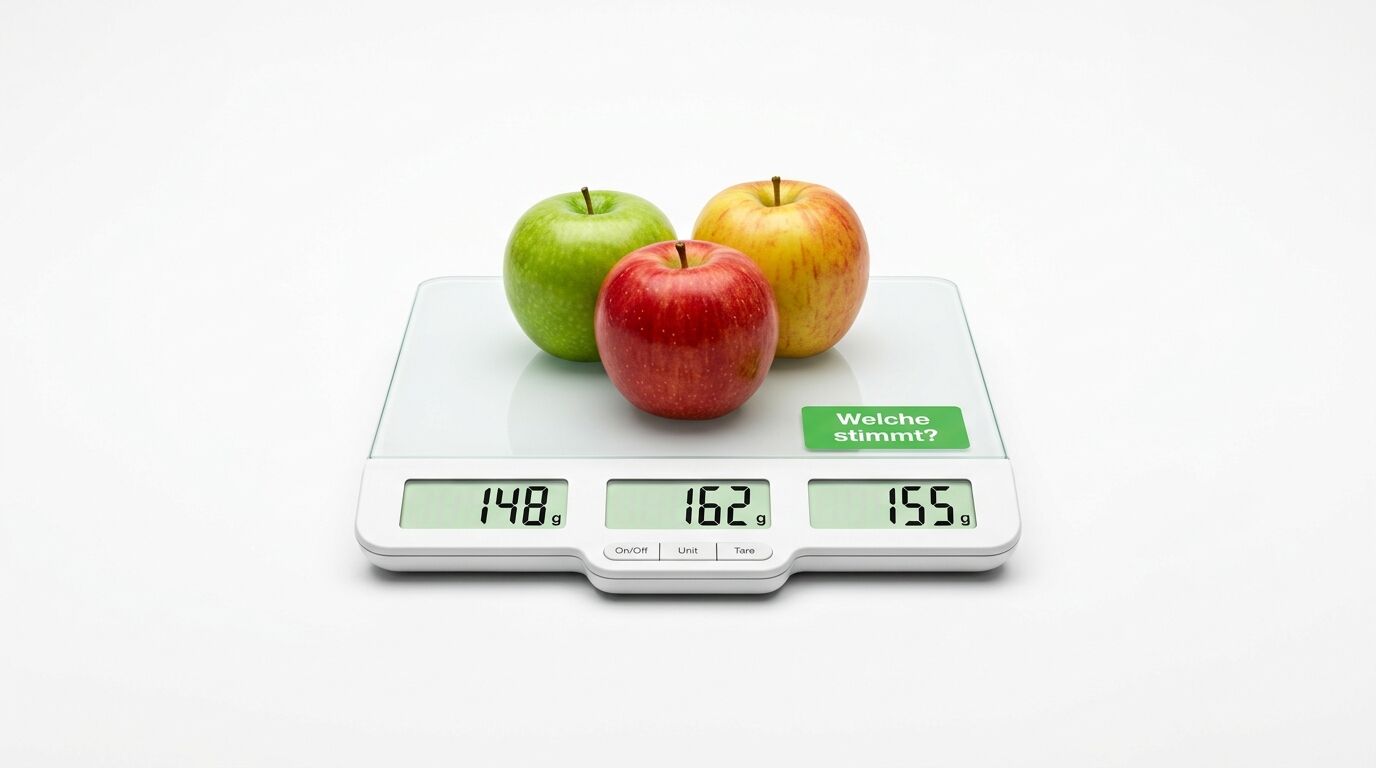 Drei Äpfel unterschiedlicher Farben auf einer digitalen Waage mit drei separaten Displays, die Gewichte von 148g, 162g und 155g anzeigen