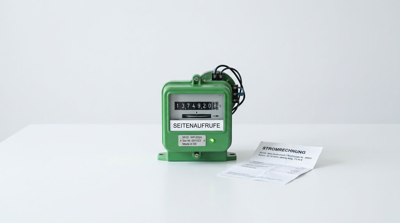 Grüner Stromzähler (Seitenaufrufe) mit Modellbezeichnung WP-2024 und einer Stromrechnung auf weißem Hintergrund