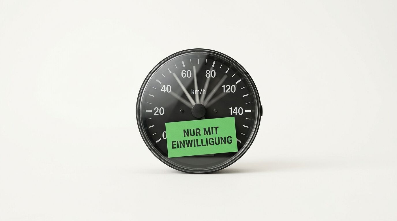 Analoges Tachometer mit Geschwindigkeitsskala in km/h und grünem Aufkleber mit der Aufschrift "NUR MIT EINWILLIGUNG"