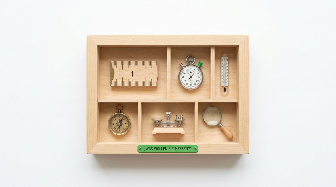 Holzregal mit sechs Fächern containing Messinstrumente: Stahllineal, Stoppuhr, Thermometer, Kompass, Waage und Lupe