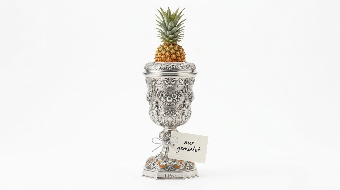 Verzierter Silberpokal mit Ananas obendrauf und Schild „nur gemietet“ vor weißem Hintergrund