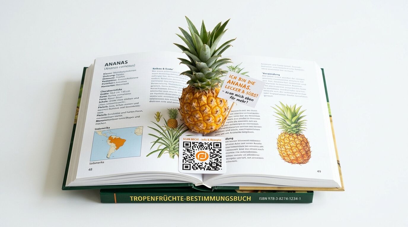 Aufgeschlagenes Tropenfrüchte-Bestimmungsbuch mit einer echten Ananas darin
