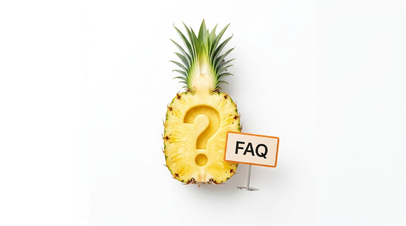 Halbe Ananas mit geschnitztem Fragezeichen und FAQ-Schild auf Weiß
