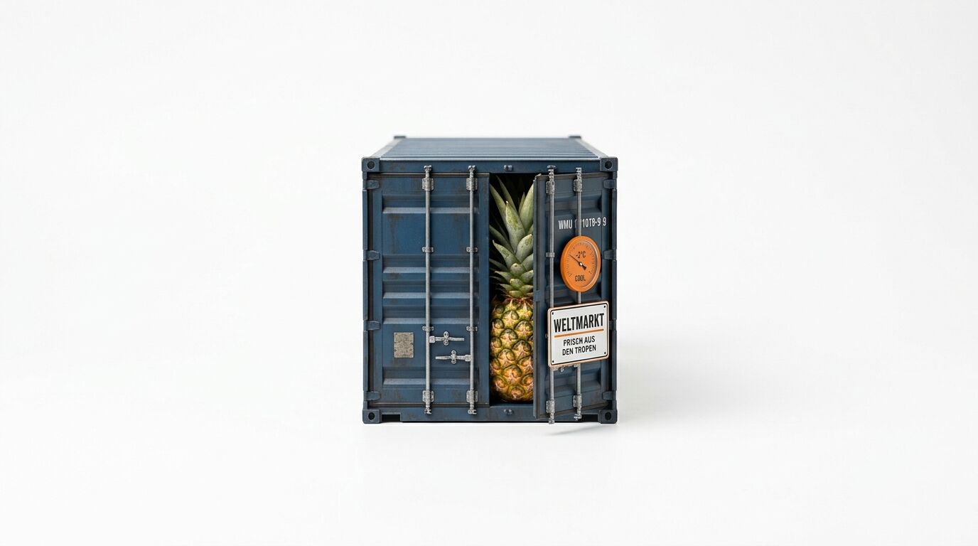 Blauer Container, teilweise geöffnet, darin steht eine ganze Ananas