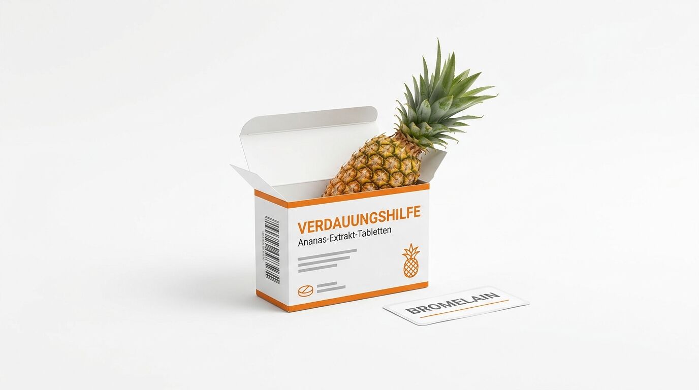 Geöffnete Medikamentenverpackung „Verdauungshilfe“ mit Ananas und Blisterpackung auf weiß