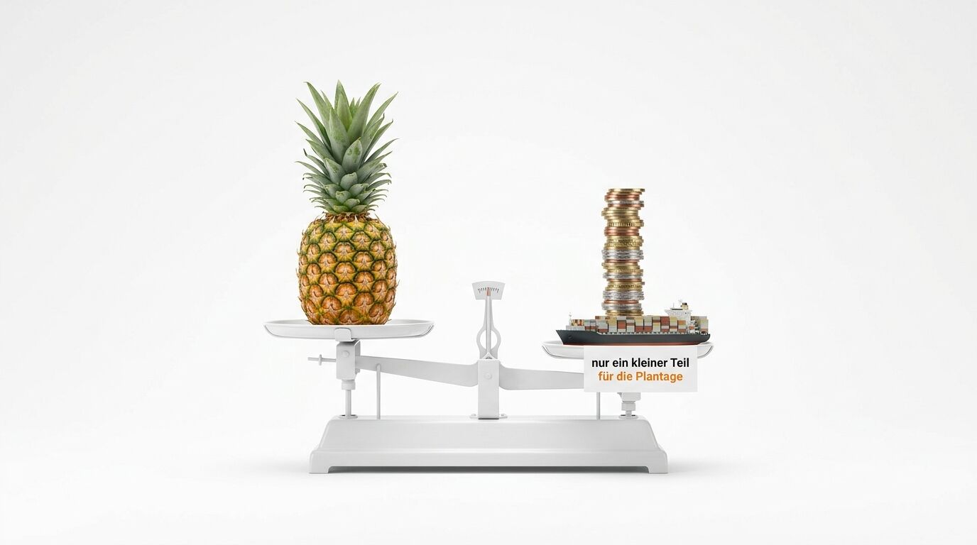 Waage mit Ananas links und Schiff/Münzen rechts. Text: „nur ein kleiner Teil für die Plantage“