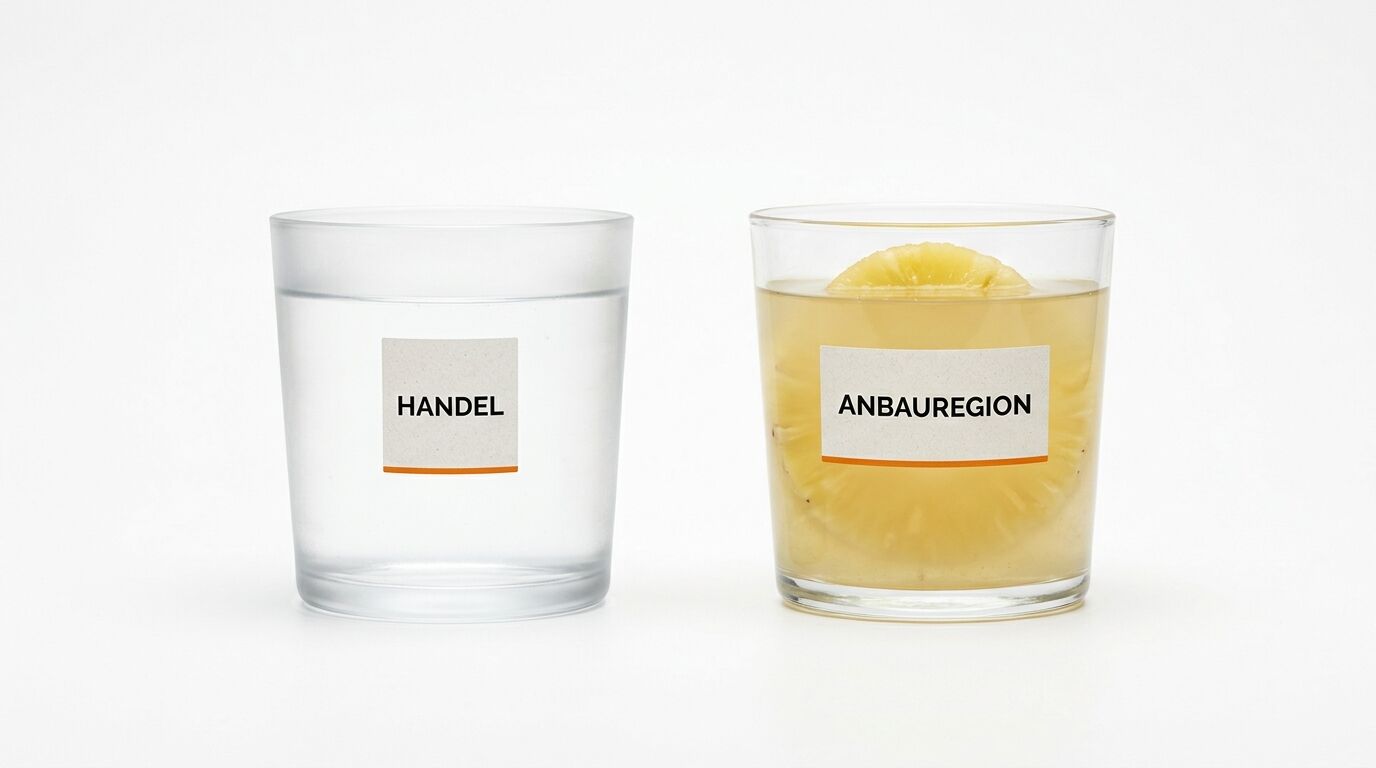 Zwei Gläser mit Etiketten: Wasser (HANDEL) und Ananassaft mit Ananasscheibe (ANBAUREGION)