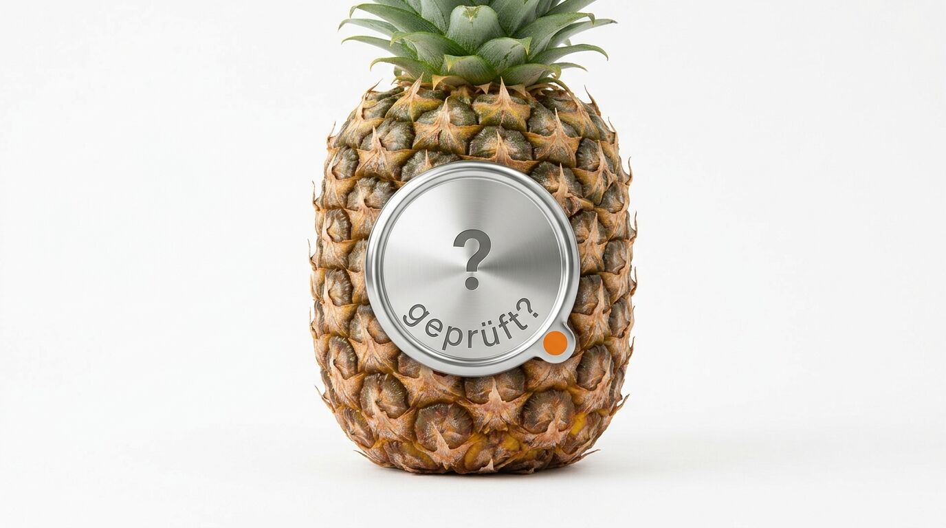 Eine Ananas mit einem Metallverschluss, auf dem „? Geprüft?“ steht, vor weißem Hintergrund