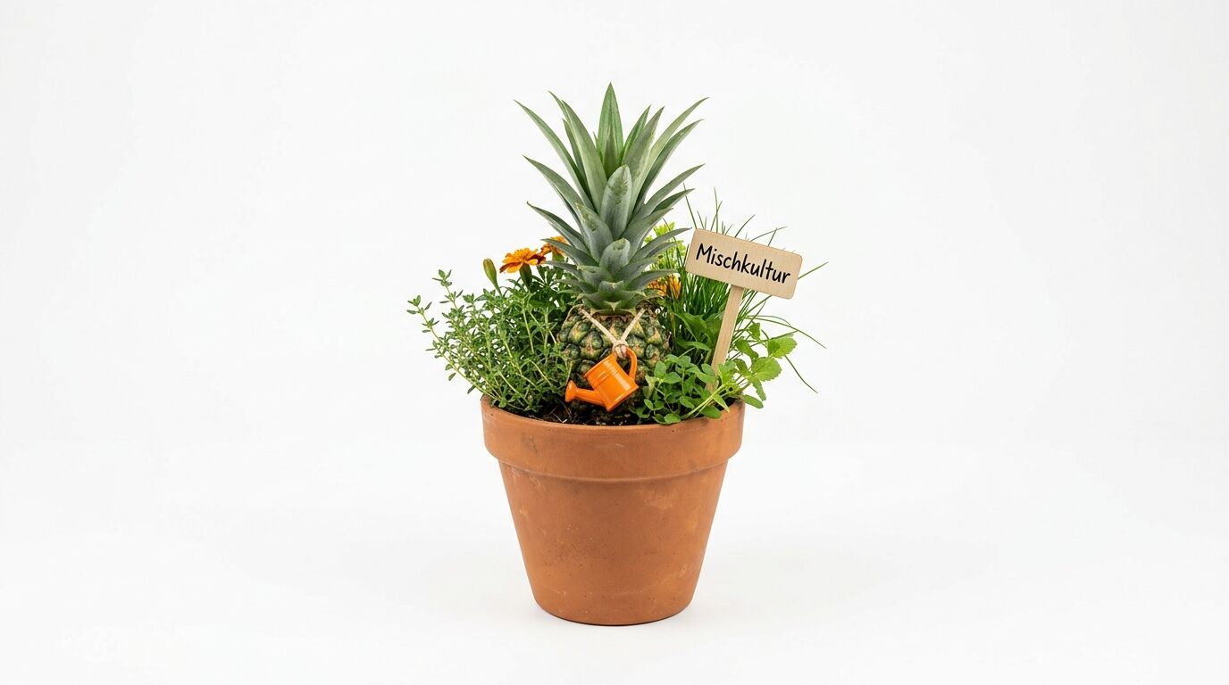 Blumentopf mit Ananas, Kräutern, Blumen, kleiner Gießkanne und Schild