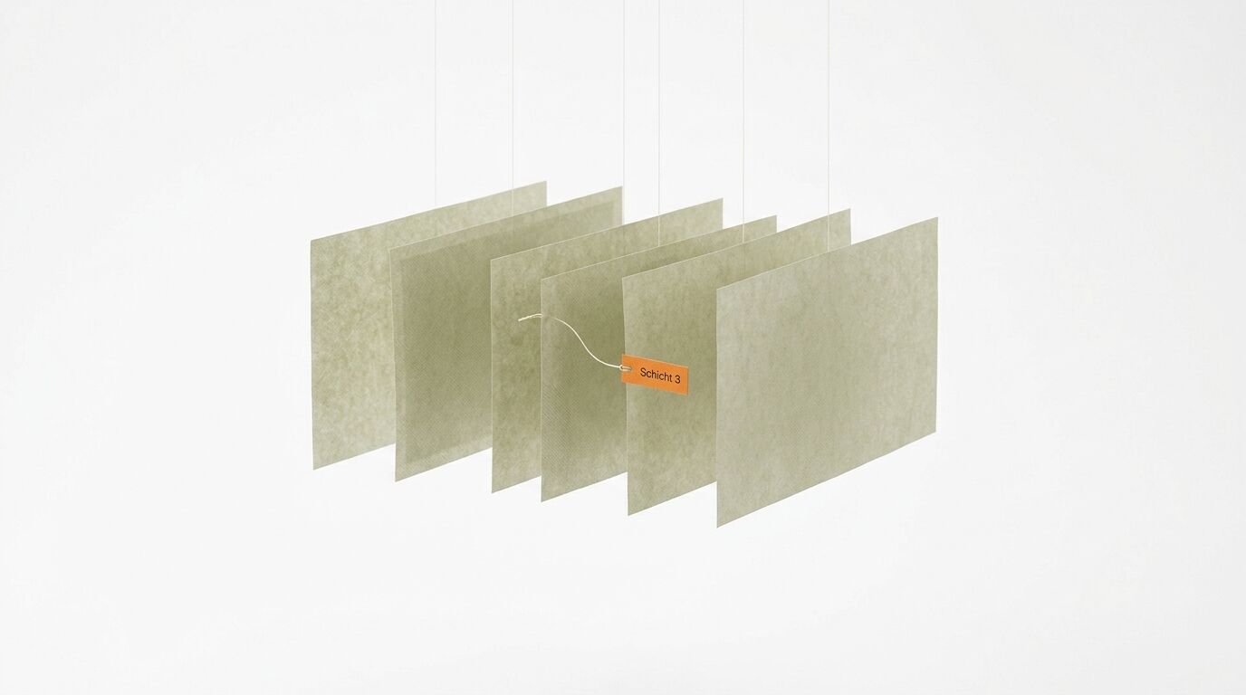 Mehrschichtiger Materialquerschnitt mit sieben beigen Platten und orangefarbenem Etikett