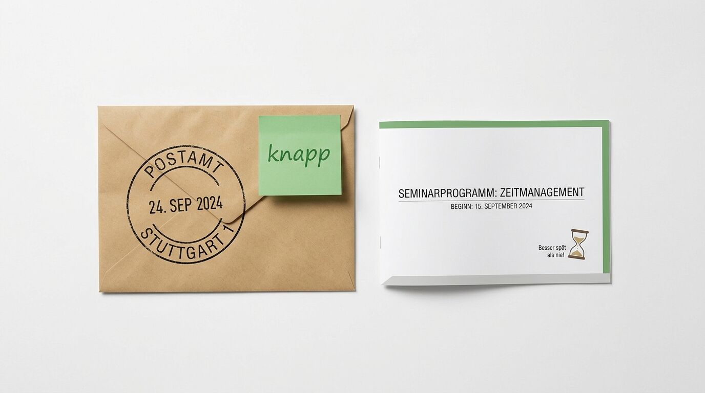 Postkartenversand mit Stempelabdruck vom 24. Sep 2024 Stuttgart und grünem Notizzettel "knapp" sowie Seminarprogramm Zeitmanagement