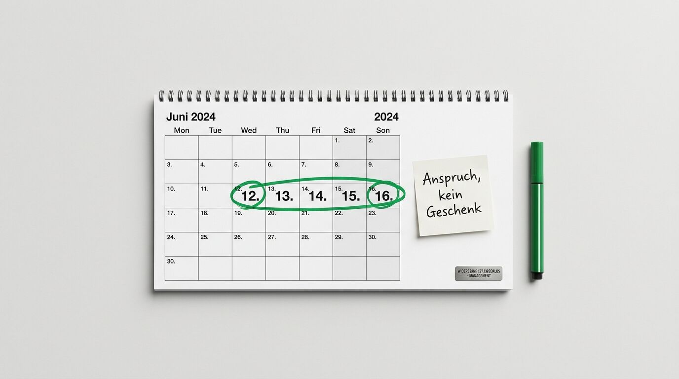 Spiralkalender Juni 2024 mit grüner Markierung der Tage 12-16, Notizzettel "Anspruch, kein Geschenk" und grünem Stift