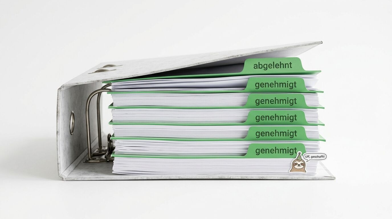 Aktenordner mit grünen Registern. Labels zeigen "abgelehnt" und mehrfach "genehmigt". Ein Faultier-Sticker sagt "Uff, geschafft!"
