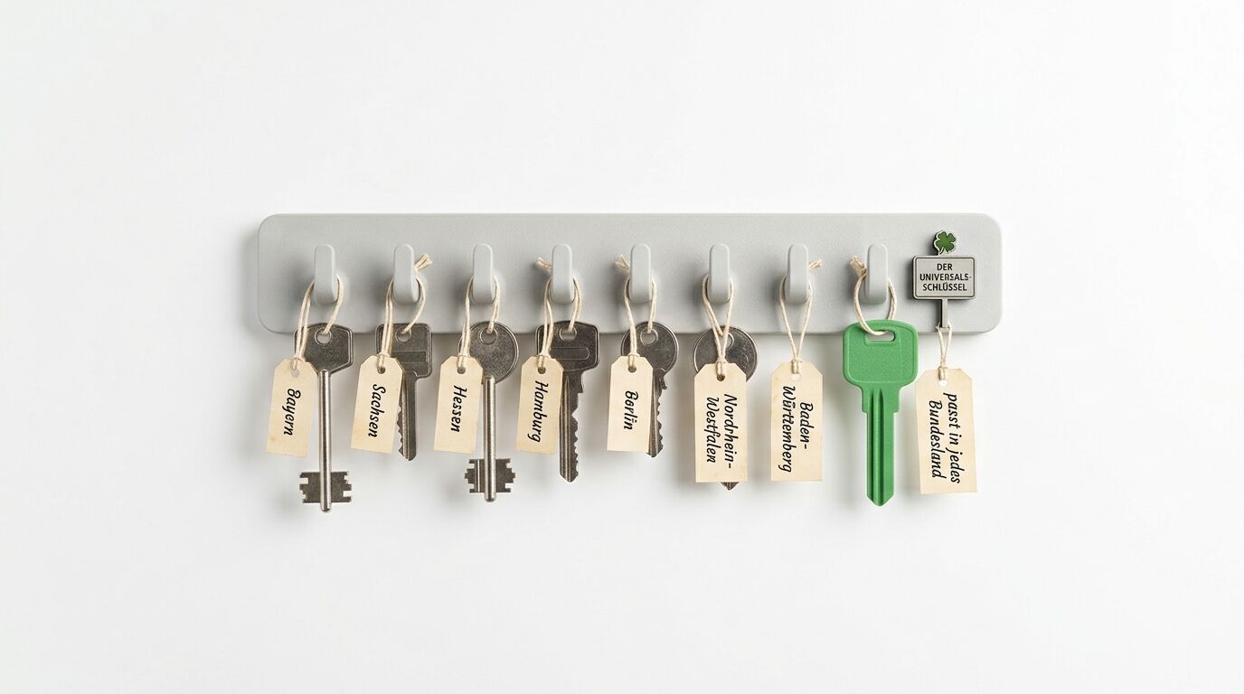 Schlüsselbrett mit acht Haken. Sieben Schlüssel mit beigen Etiketten, ein grüner Schlüssel. Beschriftungen: Balgen, Schuppen, Hasper, Hardwig, Buhls, Moorkultivader, Gärtner und Pförtner. Rechts oben Etikett "Der Universalschlüssel"